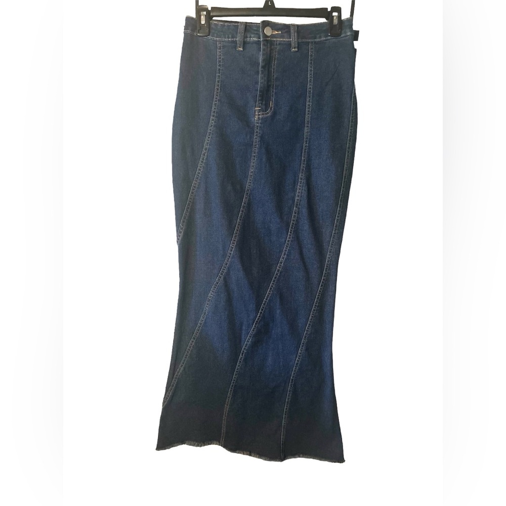 SHEIN Dark Wash Denim Midi Skirt High Waist Panel Seam Fitted| Y2K